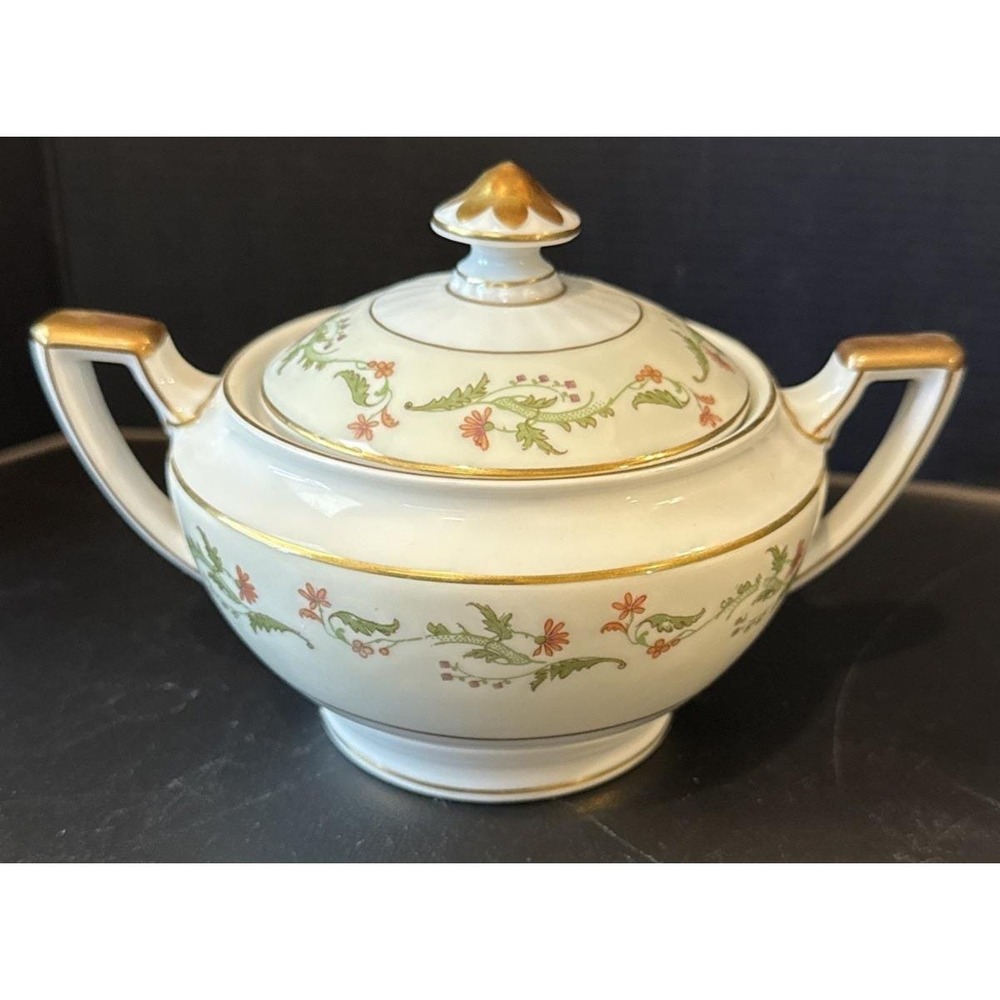 Heinrich Selb Bavaria Germany Gold Trim Pink Flowers Lidded Sugar Bowl Handles